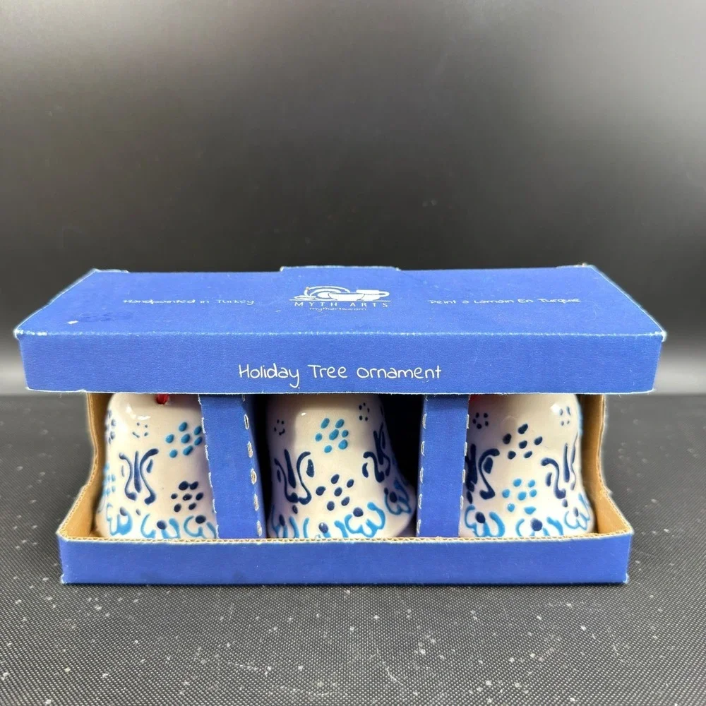 Myth Arts Ceramic Bell Ornaments Set 3 Handpainted Turkey Blue White Holiday NEW